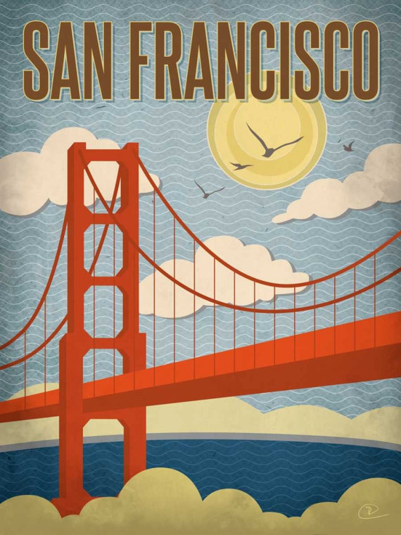 Pulve Renee San Francisco Golden Gate Bridge Vintage ? cm111X84 Immagine su CARTA TELA PANNELLO CORNICE Verticale