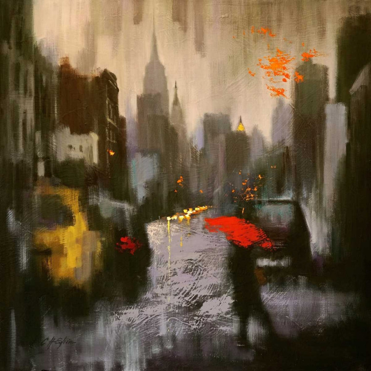 Shin Chin H. A Rainy Day Walker Paesaggio cm68X68 Immagine su CARTA TELA PANNELLO CORNICE Quadrata