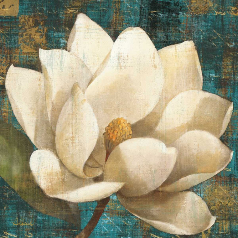 Hristova Albena Magnolia Blossom Turchese Floreale cm87X87 Immagine su CARTA TELA PANNELLO CORNICE Quadrata