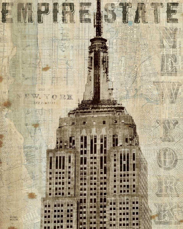 Mullan Michael Vintage NY Empire State Building Architettura cm91X73 Immagine su CARTA TELA PANNELLO CORNICE Verticale