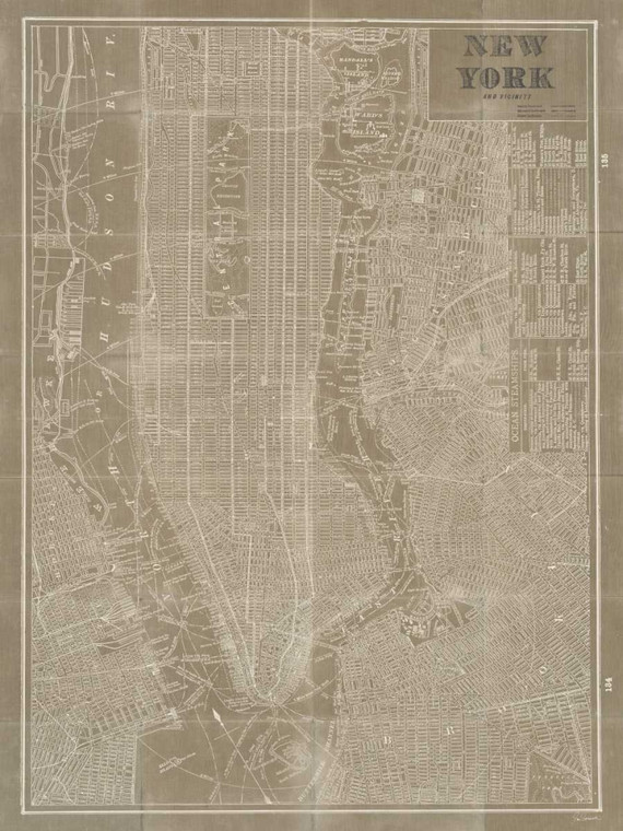 Schlabach Sue Blueprint Mappa New York Taupe Viaggio cm111X84 Immagine su CARTA TELA PANNELLO CORNICE Verticale