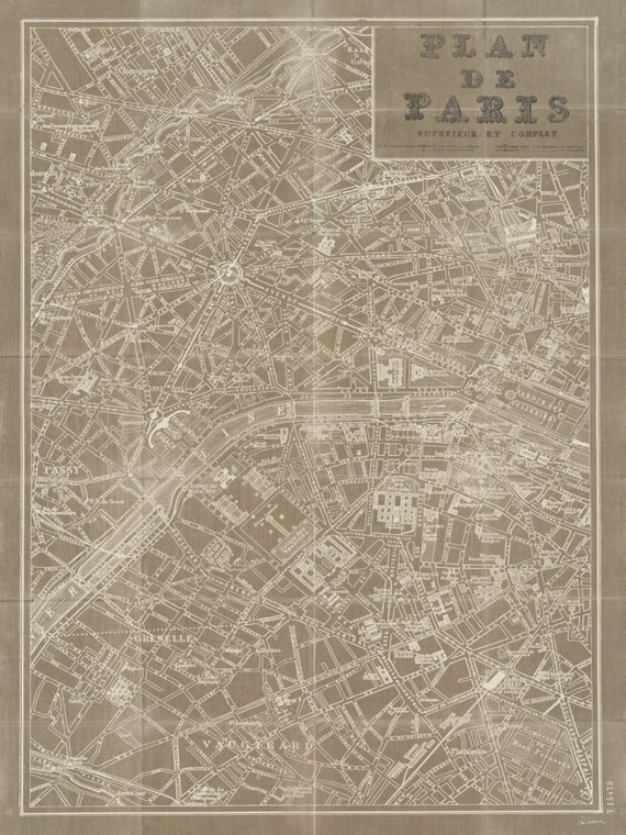 Schlabach Sue Blueprint Mappa Paris Taupe Viaggio cm111X84 Immagine su CARTA TELA PANNELLO CORNICE Verticale