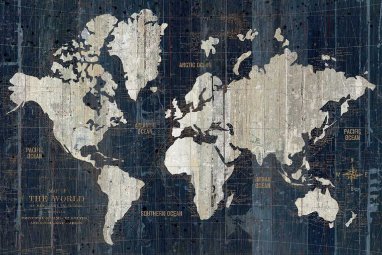 Archivio Old World Map Blu Costiero cm87X131 Immagine su CARTA TELA PANNELLO CORNICE Orizzontale