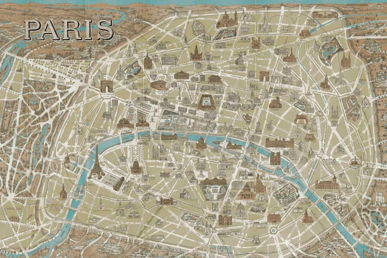 Archivio Monumenti di Parigi Mappa Blu Viaggio cm78X118 Immagine su CARTA TELA PANNELLO CORNICE Orizzontale