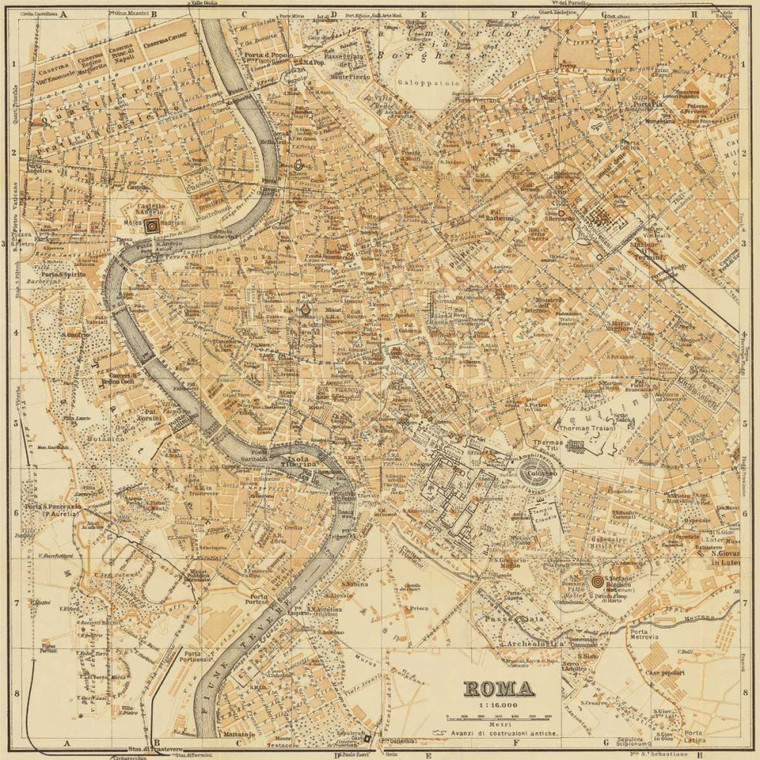 Fiore Lorenzo Mappa di Roma 1898 europeo cm82X82 Immagine su CARTA TELA PANNELLO CORNICE Quadrata
