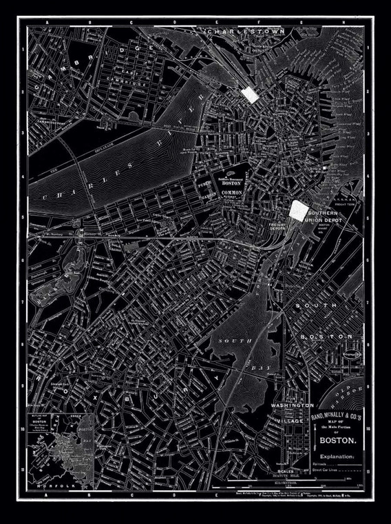 Vintage Map 1895 Boston 1895 Architettura cm109X82 Immagine su CARTA TELA PANNELLO CORNICE Verticale