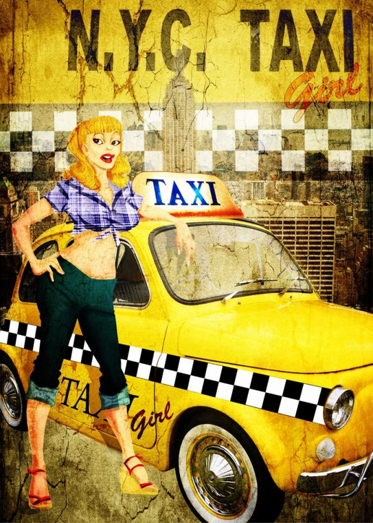 Sola Bresso Taxi Girl Vintage ? cm105X75 Immagine su CARTA TELA PANNELLO CORNICE Verticale