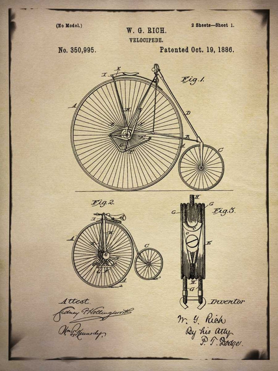 GI ArtLab Bicicletta brevettuale 1 Buff Vintage ? cm109X82 Immagine su CARTA TELA PANNELLO CORNICE Verticale