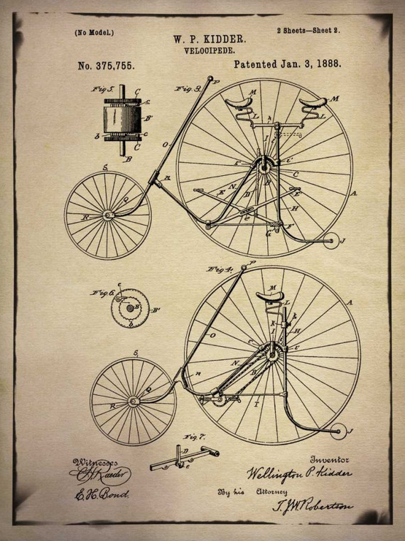 GI ArtLab Bicicletta brevettuale 3 Buff Vintage ? cm109X82 Immagine su CARTA TELA PANNELLO CORNICE Verticale