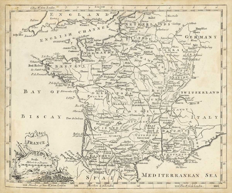 Jeffreys T. Mappa della Francia Mappe cm73X87 Immagine su CARTA TELA PANNELLO CORNICE Orizzontale