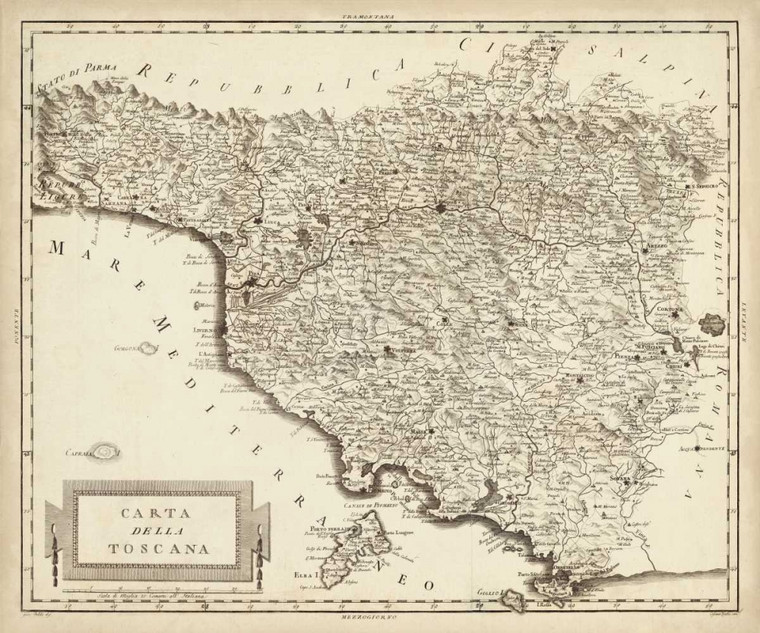 Unknown Antico Mappa della Toscana europeo cm79X95 Immagine su CARTA TELA PANNELLO CORNICE Orizzontale