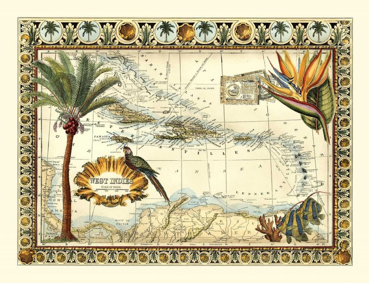 Vision Studio Tropical Mappa di West Indies Vintage ? cm75X98 Immagine su CARTA TELA PANNELLO CORNICE Orizzontale