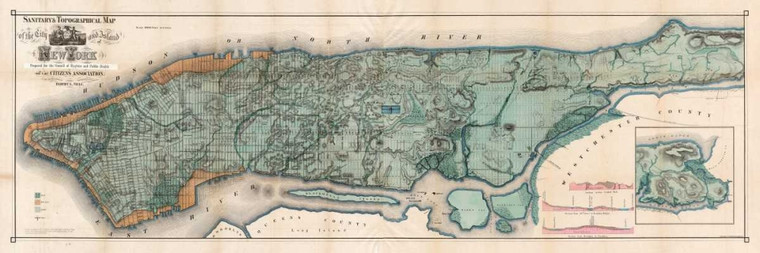 Anonymous Mappa dell'isola di Manhattan, 1865 Tradizionale cm77X237 Immagine su CARTA TELA PANNELLO CORNICE Orizzontale