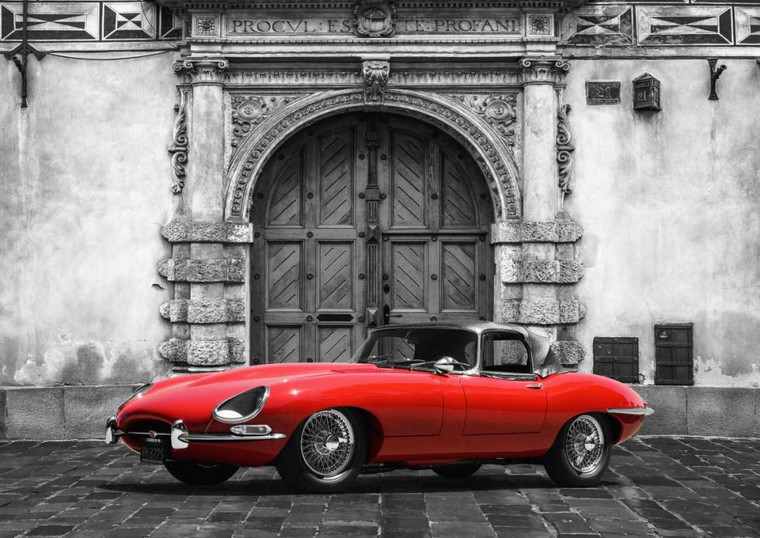 Gasoline Images Roadster di fronte a Palazzo Classic fotografia cm73X103 Immagine su CARTA TELA PANNELLO CORNICE Orizzontale