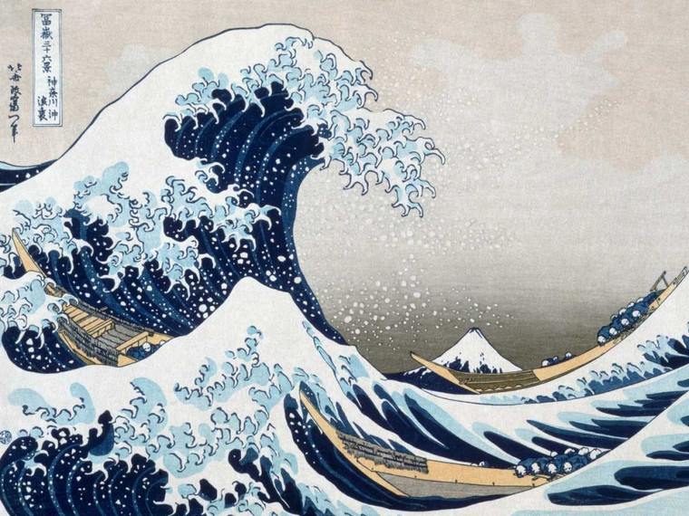 Hokusai The Wave off Kanagawa Vintage ? cm84X111 Immagine su CARTA TELA PANNELLO CORNICE Orizzontale