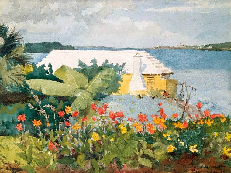 Homer Winslow Flower Garden e Bungalow, Bermuda Paesaggio cm76X100 Immagine su CARTA TELA PANNELLO CORNICE Orizzontale