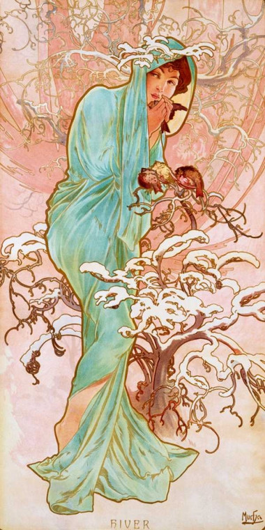 Mucha Alphonse Inverno Tradizionale cm171X84 Immagine su CARTA TELA PANNELLO CORNICE Verticale