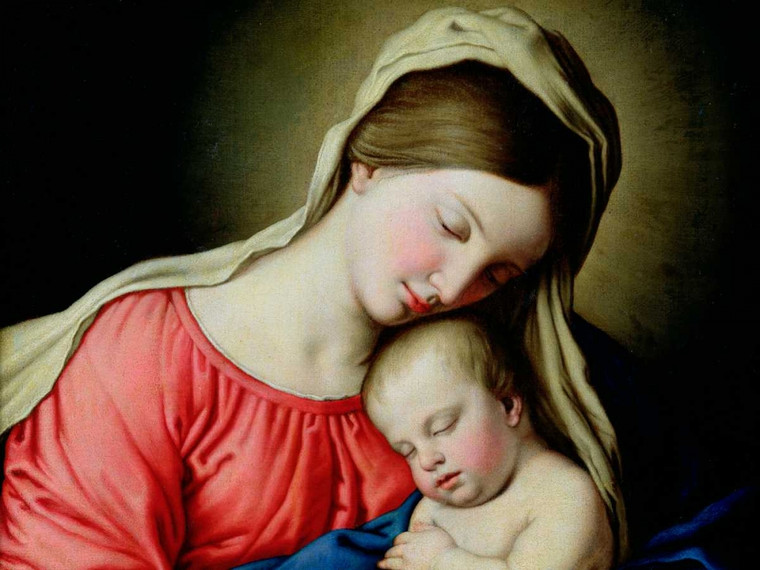 Sassoferrato Beata Vergine con Bambino Tradizionale cm84X111 Immagine su CARTA TELA PANNELLO CORNICE Orizzontale