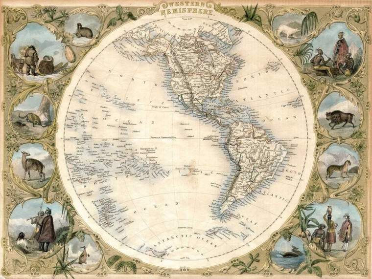 Tallis John Mappa del dell'emisfero occidentale, 1850 Mappe cm76X100 Immagine su CARTA TELA PANNELLO CORNICE Orizzontale