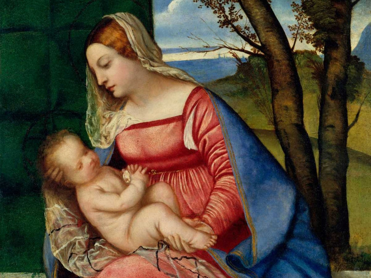 Tiziano Madonna col Bambino Tradizionale cm76X100 Immagine su CARTA TELA PANNELLO CORNICE Orizzontale