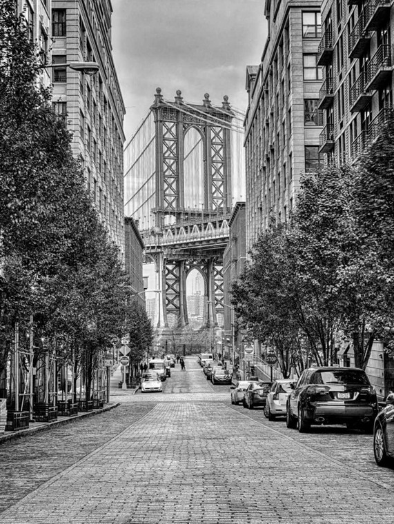 Frank Assaf Manhattan Bridge visto dal quartiere di Dumbo a Brooklyn, New York Architettura cm82X61 Immagine su CARTA TELA PANNELLO CORNICE Verticale