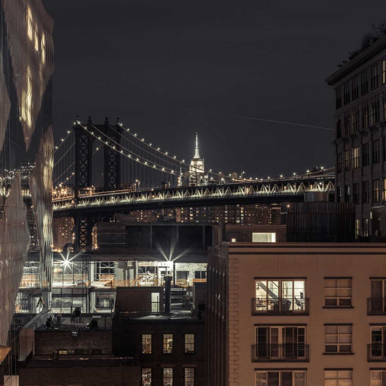 Frank Assaf Ponte di Manhattan e la città, New York Architettura cm84X84 Immagine su CARTA TELA PANNELLO CORNICE Quadrata
