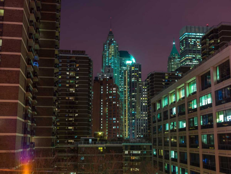 Frank Assaf New York paesaggio urbano di notte Architettura cm74X99 Immagine su CARTA TELA PANNELLO CORNICE Orizzontale