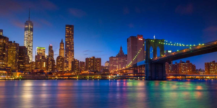 Frank Assaf colpo di sera Lower Manhattan e il ponte di Brooklyn, New York Costiero cm41X82 Immagine su CARTA TELA PANNELLO CORNICE Orizzontale