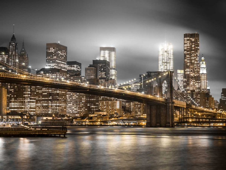 Frank Assaf colpo di sera Ponte di Brooklyn con la Lower Manhattan, New York Costiero cm61X82 Immagine su CARTA TELA PANNELLO CORNICE Orizzontale