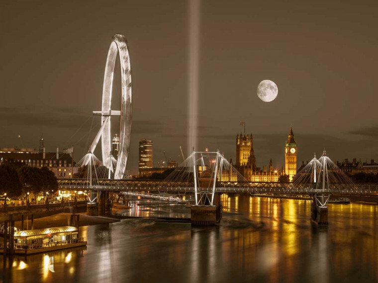 Frank Assaf Vista notturna del London Eye, ponte Golden Jubilee e Westminster, Londra, Regno Unito europeo cm57X75 Immagine su CARTA TELA PANNELLO CO