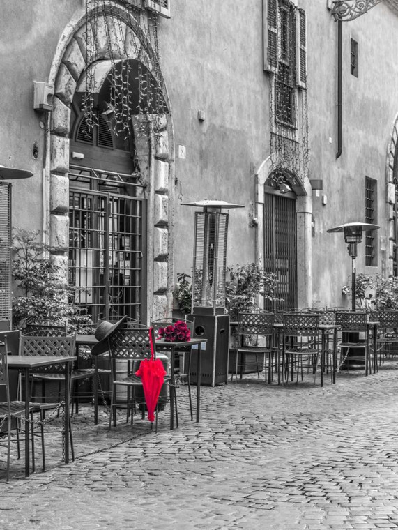 Frank Assaf Ombrello rosso con il cappello femminile e mazzo di rose sul tavolo del caffè, Roma, Italia europeo cm82X61 Immagine su CARTA TELA PANNEL