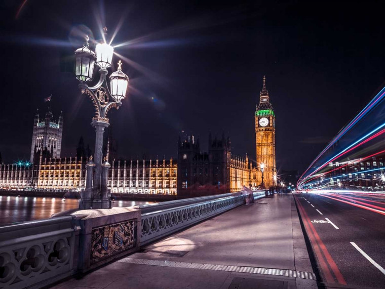 Frank Assaf Westminster Bridge sul fiume Tamigi con luci di striscia, Londra, Regno Unito europeo cm61X82 Immagine su CARTA TELA PANNELLO CORNICE Ori