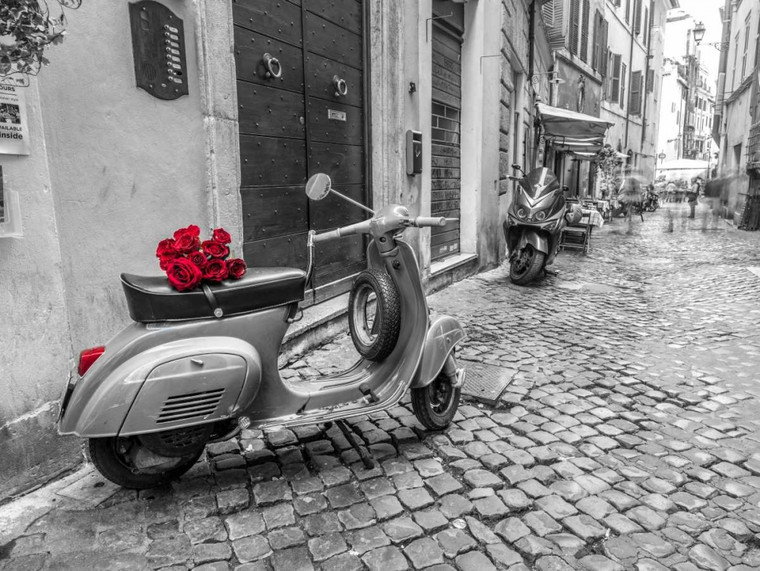 Frank Assaf Vecchio motorino con il mazzo di rose su strada stretta di Roma europeo cm61X82 Immagine su CARTA TELA PANNELLO CORNICE Orizzontale