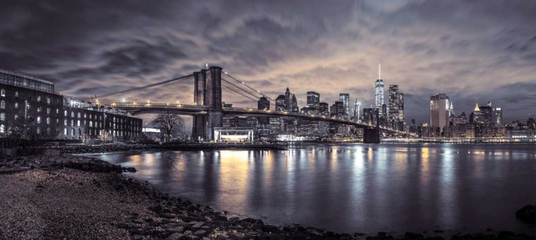 Frank Assaf Ponte di Brooklyn e skyline di Manhattan, New York Natura cm73X162 Immagine su CARTA TELA PANNELLO CORNICE Orizzontale