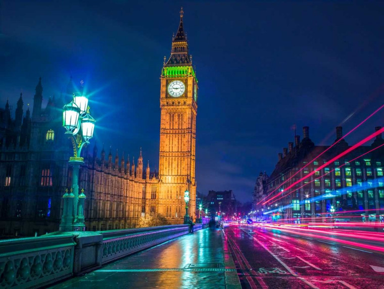 Frank Assaf Big Ben e Westminster Bridge con luci di striscia di notte, Londra fotografia cm74X99 Immagine su CARTA TELA PANNELLO CORNICE Orizzontale