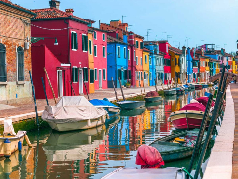 Frank Assaf case multi colorate accanto a un canale, Burano, Italia fotografia cm61X82 Immagine su CARTA TELA PANNELLO CORNICE Orizzontale