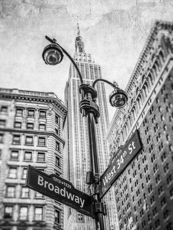 Frank Assaf Lampada di via e di strada segni con Empire State Building in background   New York segni cm82X61 Immagine su CARTA TELA PANNELLO CORNICE