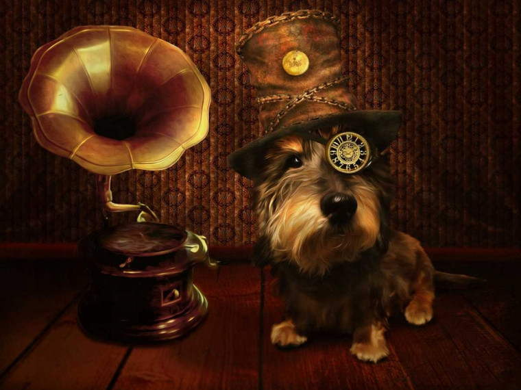 Babette Steampunk Dog Fantasia cm57X75 Immagine su CARTA TELA PANNELLO CORNICE Orizzontale