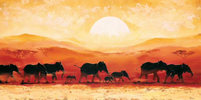 Renee Elefanti nel tramonto Animali cm73X146 Immagine su CARTA TELA PANNELLO CORNICE Orizzontale