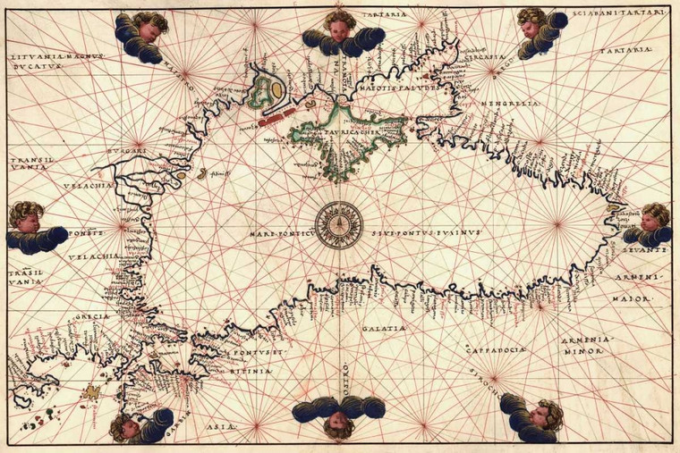 Agnese Battista Portolan o di navigazione Mappa del Mar Nero che mostra venti antropomorfe Mappe cm54X82 Immagine su CARTA TELA PANNELLO CORNICE Oriz