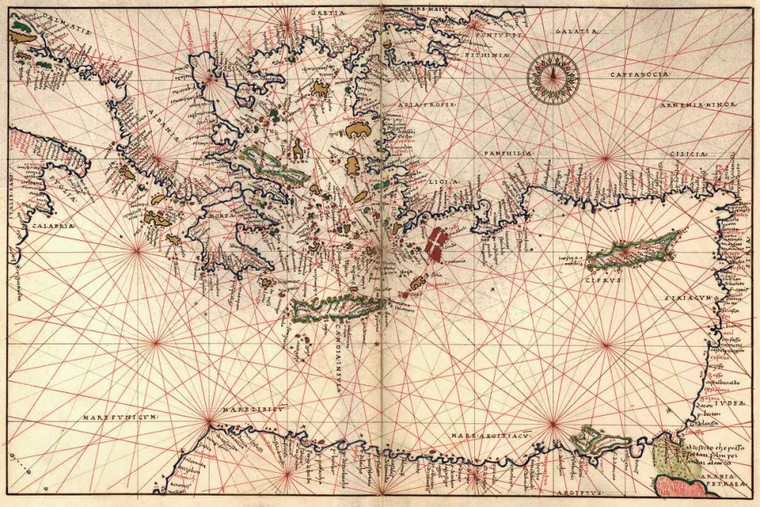 Agnese Battista Portolan o di navigazione Mappa della Grecia, il Mediterraneo e il Levante Mappe cm54X82 Immagine su CARTA TELA PANNELLO CORNICE Oriz