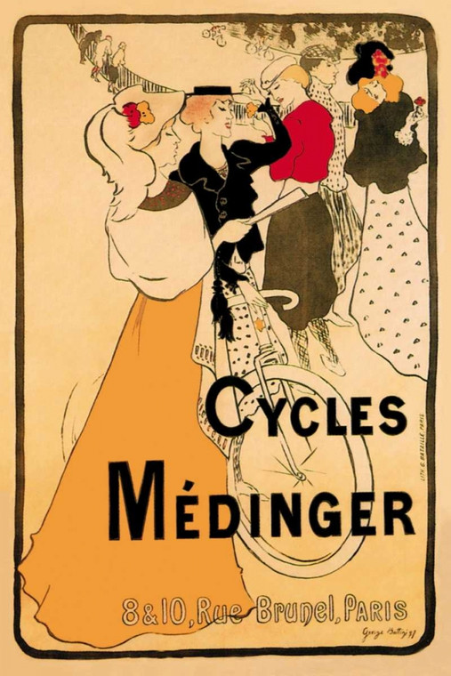 Bottini Georges Alfred Cicli Medinger 1897 Vintage ? cm82X54 Immagine su CARTA TELA PANNELLO CORNICE Verticale