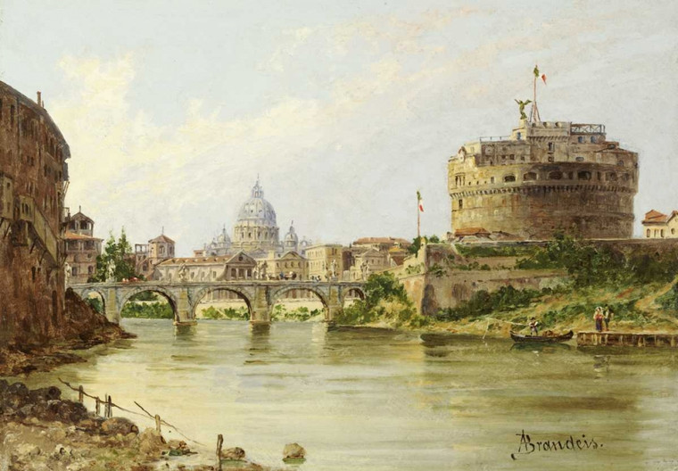 Brandeis Antonietta Il Tevere con Castel Sant'Angelo e St.Peters, Roma Costiero cm54X77 Immagine su CARTA TELA PANNELLO CORNICE Orizzontale