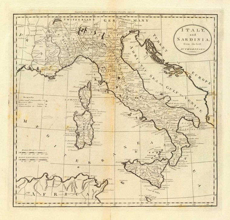Carey Mathew L'Italia e la Sardegna 1796 europeo cm68X73 Immagine su CARTA TELA PANNELLO CORNICE Orizzontale