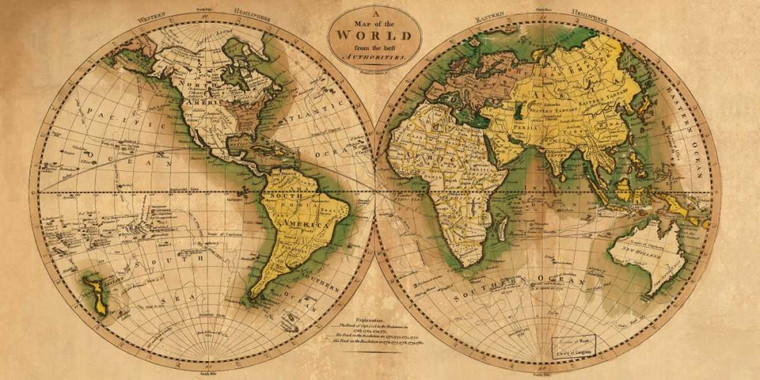 Carey Matthew Mappa del mondo Mappe cm52X105 Immagine su CARTA TELA PANNELLO CORNICE Orizzontale