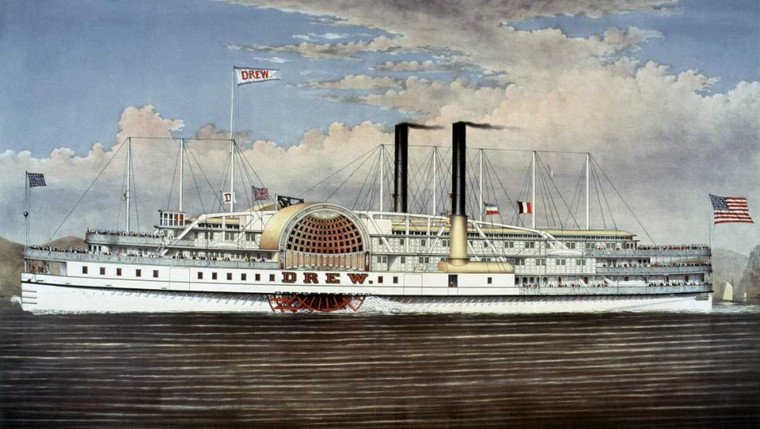 Currier and Ives Popoli Line   Hudson River, Il Palazzo Steamers of The World Costiero cm61X109 Immagine su CARTA TELA PANNELLO CORNICE Orizzontale