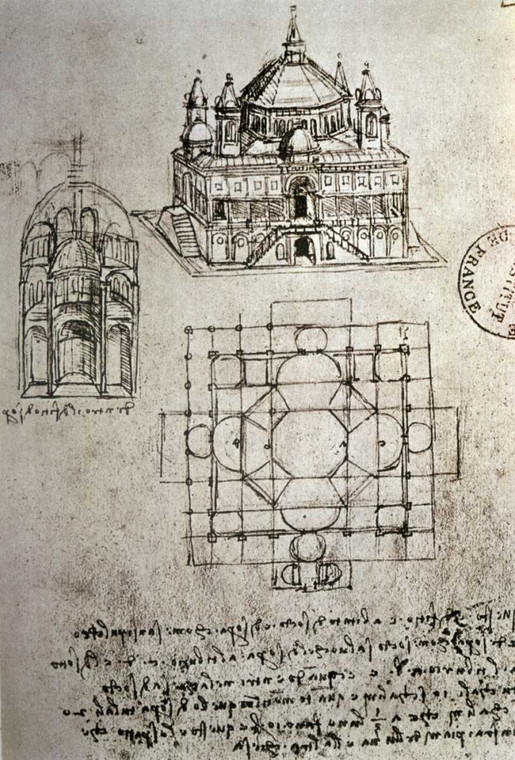 Da Vinci Leonardo Schizzo di una Piazza della Chiesa con la cupola centrale e Minareto Architettura cm96X64 Immagine su CARTA TELA PANNELLO CORNICE V