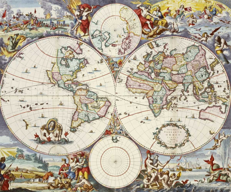 Danckerts Cornelis Mappa del mondo Viaggio cm54X66 Immagine su CARTA TELA PANNELLO CORNICE Orizzontale