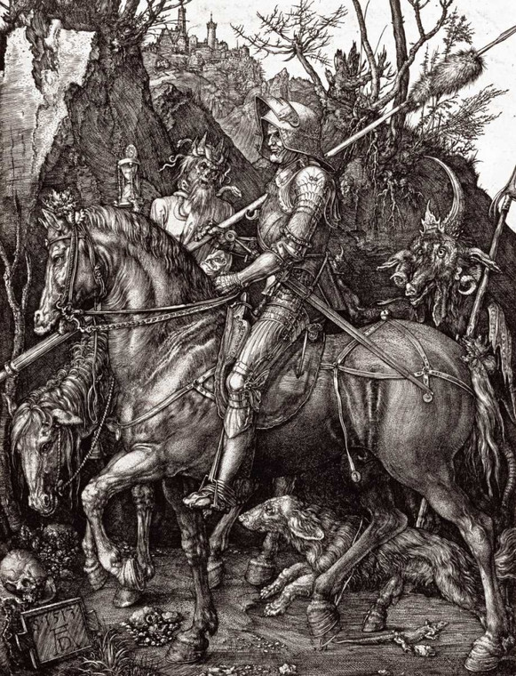 Durer Albrecht Cavaliere, la Morte e il Diavolo Animali cm82X61 Immagine su CARTA TELA PANNELLO CORNICE Verticale