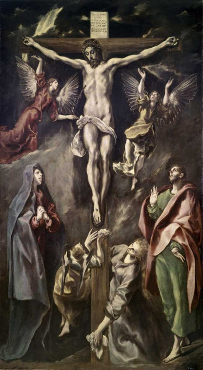 El Greco Crocifissione con Madonna, Maddalena, San Giovanni e Angeli Figurativo cm109X59 Immagine su CARTA TELA PANNELLO CORNICE Verticale